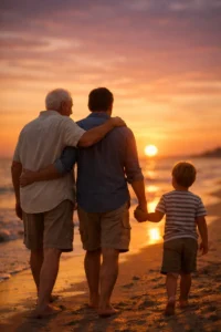 Family walking in the sunset