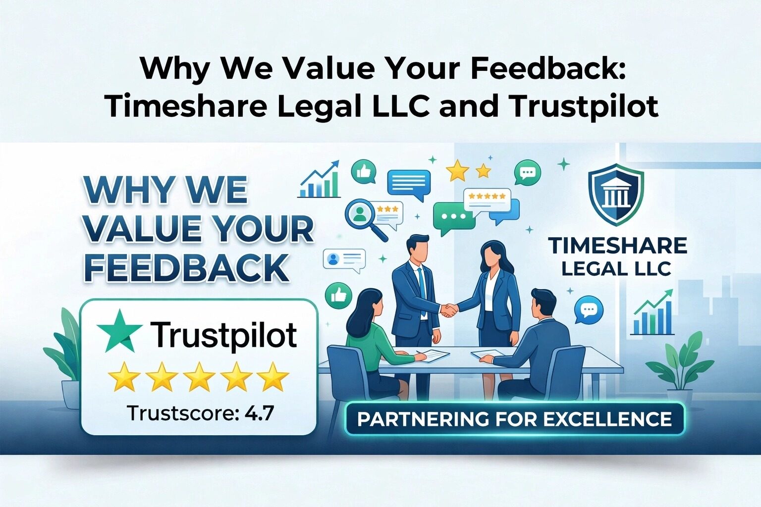 Illustration promoting customer feedback and transparency at Timeshare Legal LLC featuring business professionals, Trustpilot branding, review icons, and customer engagement graphics emphasizing trusted reviews and timeshare support services.