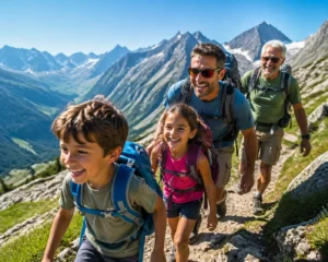 family hiking on a mountain