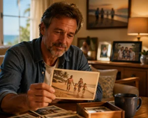 man looking at pictures of family, children