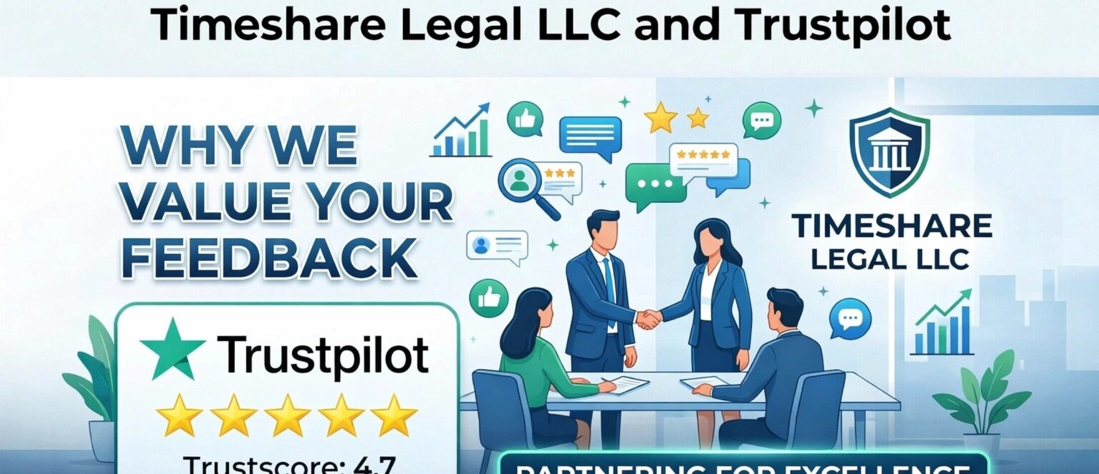 Illustration promoting customer feedback and transparency at Timeshare Legal LLC featuring business professionals, Trustpilot branding, review icons, and customer engagement graphics emphasizing trusted reviews and timeshare support services.