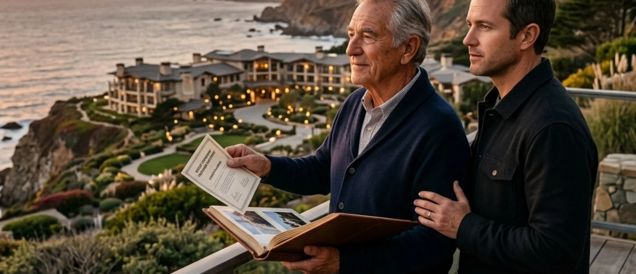 Older and younger man reviewing ownership documents and a photo album while overlooking a luxury coastal resort at sunset, symbolizing timeshare ownership, inheritance, and vacation property planning.